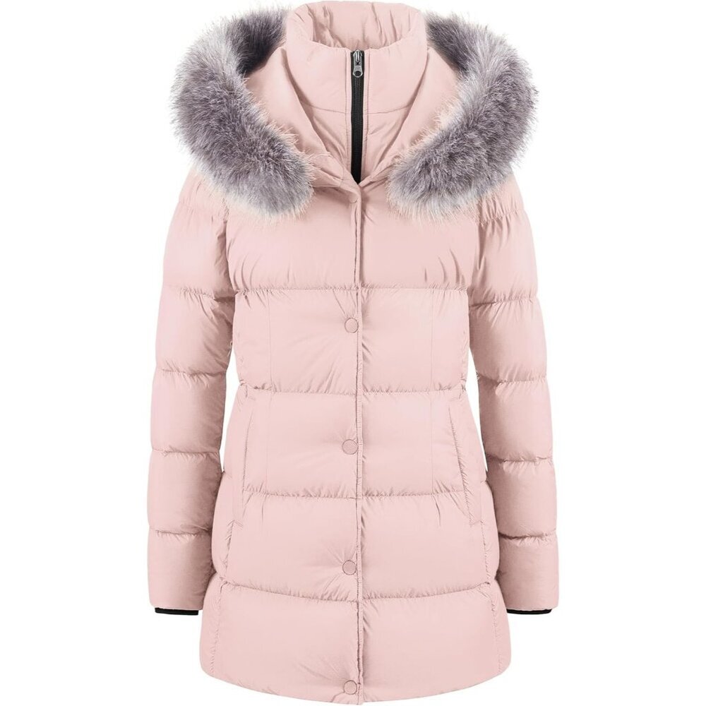 Women's Pink Long Snow Puffer Jacket Coat Removable Faux Fur Trim Winter Warm
